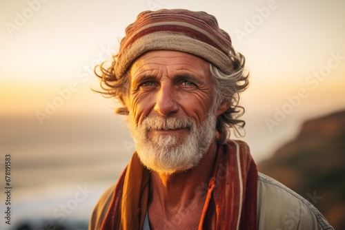Portrait of a tender man in his 60s wearing a versatile buff against a stunning sunset beach background. AI Generation © CogniLens