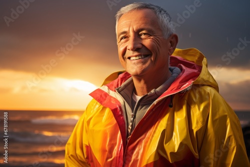 Portrait of a glad man in his 60s wearing a vibrant raincoat against a stunning sunset beach background. AI Generation
