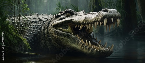 In the captivating Daintree rainforest of Tropical Australia an adventurous adult wandered near the muddy banks of Queensland only to be confronted by a formidable saltwater crocodile with  photo
