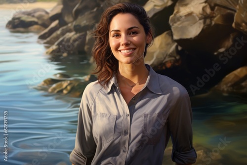 Portrait of a grinning woman in her 30s sporting a vented fishing shirt against a peaceful tide pool background. AI Generation