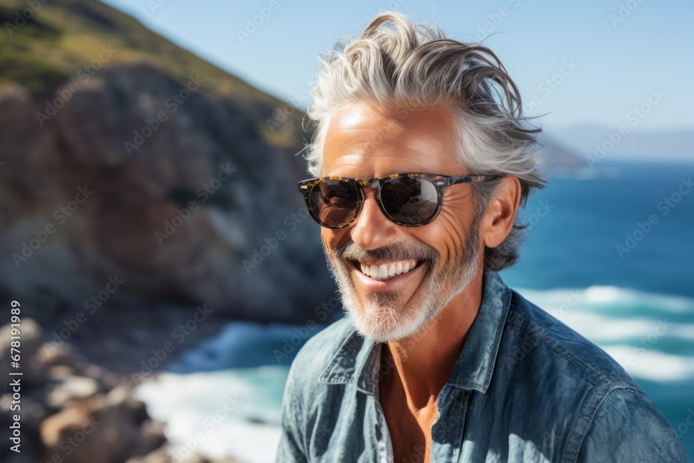 Portrait of a grinning man in his 50s wearing a trendy sunglasses against a rocky shoreline background. AI Generation Portrait of a grinning man in his 50s wearing a trendy sunglasses against a rocky shoreline background. AI Generation