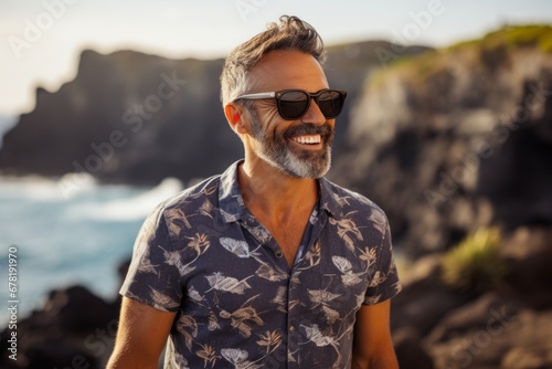 Portrait of a grinning man in his 50s wearing a trendy sunglasses against a rocky shoreline background. AI Generation © CogniLens