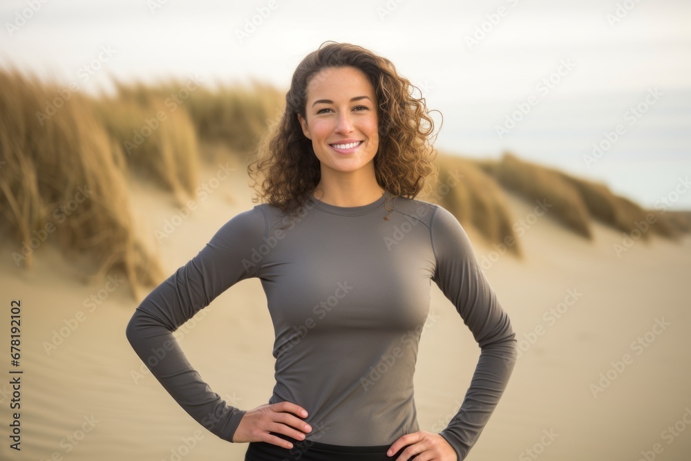 Portrait of a happy woman in her 30s sporting a long-sleeved thermal undershirt against a serene dune landscape background. AI Generation Portrait of a happy woman in her 30s sporting a long-sleeved thermal undershirt against a serene dune landscape background. AI Generation