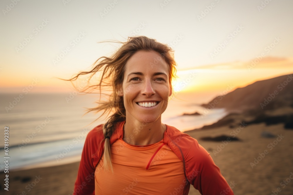 Portrait of a grinning woman in her 30s sporting a breathable hiking shirt against a vibrant beach sunset background. AI Generation Portrait of a grinning woman in her 30s sporting a breathable hiking shirt against a vibrant beach sunset background. AI Generation