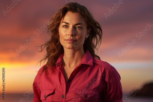 Portrait of a content woman in her 30s sporting a vented fishing shirt against a vibrant beach sunset background. AI Generation