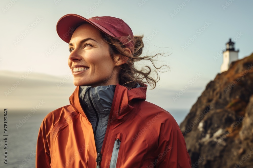 Portrait of a joyful woman in her 30s wearing a windproof softshell against a majestic lighthouse on a cliff background. AI Generation