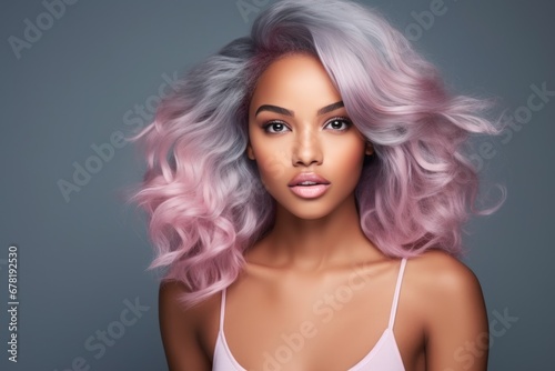 Portrait of beautiful african american woman with colorful hair. AI Generated
