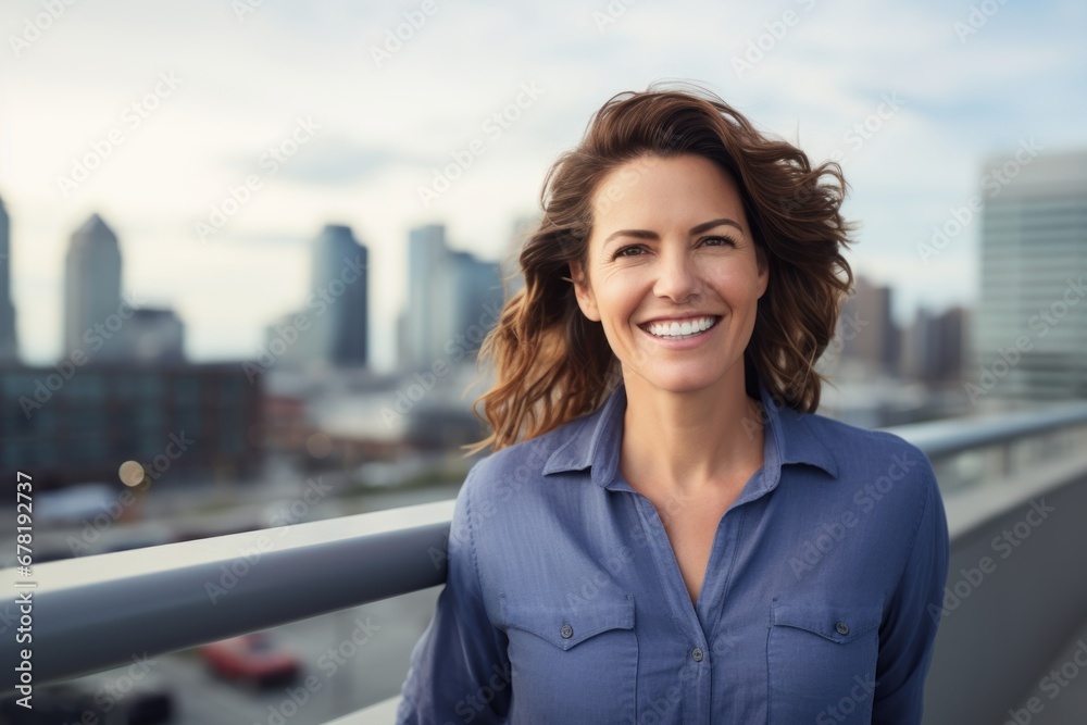 Portrait of a happy woman in her 40s sporting a versatile denim shirt against a modern cityscape background. AI Generation