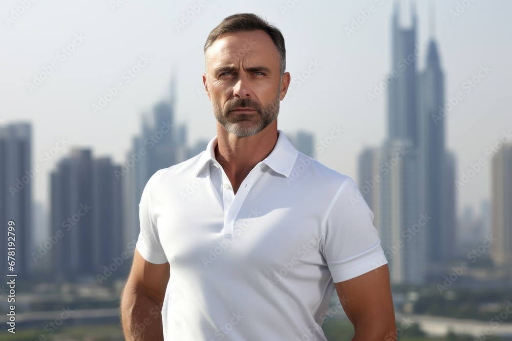 Portrait of a tender man in his 40s wearing a breathable golf polo against a modern cityscape background. AI Generation Portrait of a tender man in his 40s wearing a breathable golf polo against a modern cityscape background. AI Generation