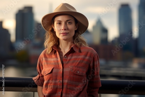 Portrait of a jovial woman in her 30s sporting a vented fishing shirt against a modern cityscape background. AI Generation