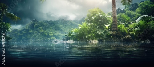In the background a lush tropical paradise emerged with vibrant green foliage swaying in the spring breeze complementing the natural beauty of the waters pristine surface The texture of rai photo