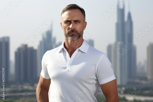 Portrait of a tender man in his 40s wearing a breathable golf polo against a modern cityscape background. AI Generation