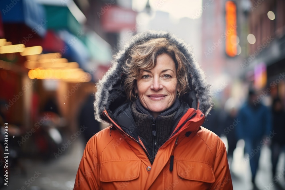 Portrait of a content woman in her 50s wearing a warm parka against a vibrant market street background. AI Generation Portrait of a content woman in her 50s wearing a warm parka against a vibrant market street background. AI Generation