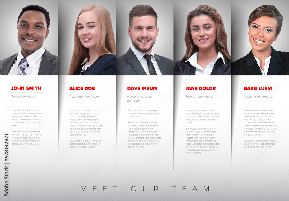 White Company team presentation template with team member profiles in light columns