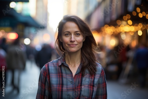 Portrait of a tender woman in her 40s dressed in a relaxed flannel shirt against a vibrant market street background. AI Generation © CogniLens