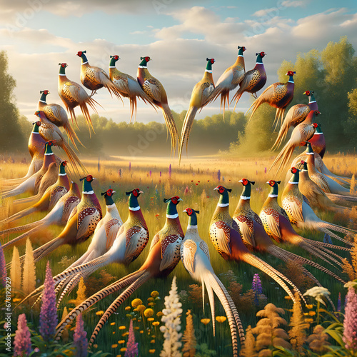 A photorealistic image of pheasants forming a heart shape in a meadow photo