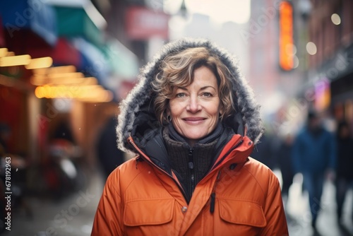 Portrait of a content woman in her 50s wearing a warm parka against a vibrant market street background. AI Generation