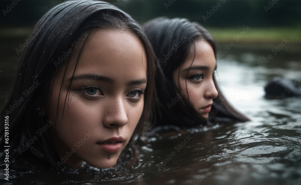Fototapeta premium girls having fun with friends and family with a ball in the river