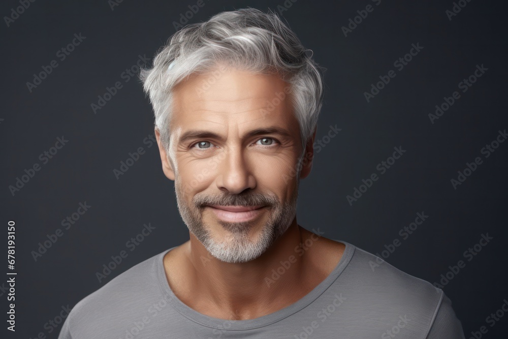 Aging mature man with gray hair and happy smiling.adult man with healthy face skin