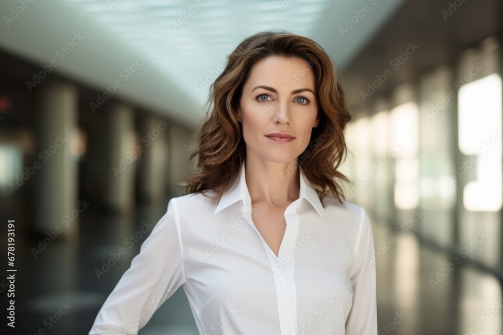 Portrait of a glad woman in her 40s wearing a classic white shirt against a sophisticated corporate office background. AI Generation Portrait of a glad woman in her 40s wearing a classic white shirt against a sophisticated corporate office background. AI Generation