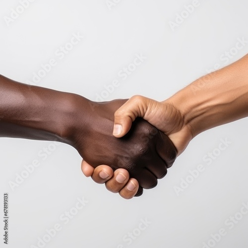 Closeup of two arms different race skin colors multinational friends shaking hands. AI Generated