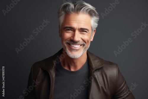 Aging mature man with gray hair and happy smiling.adult man with healthy face skin photo