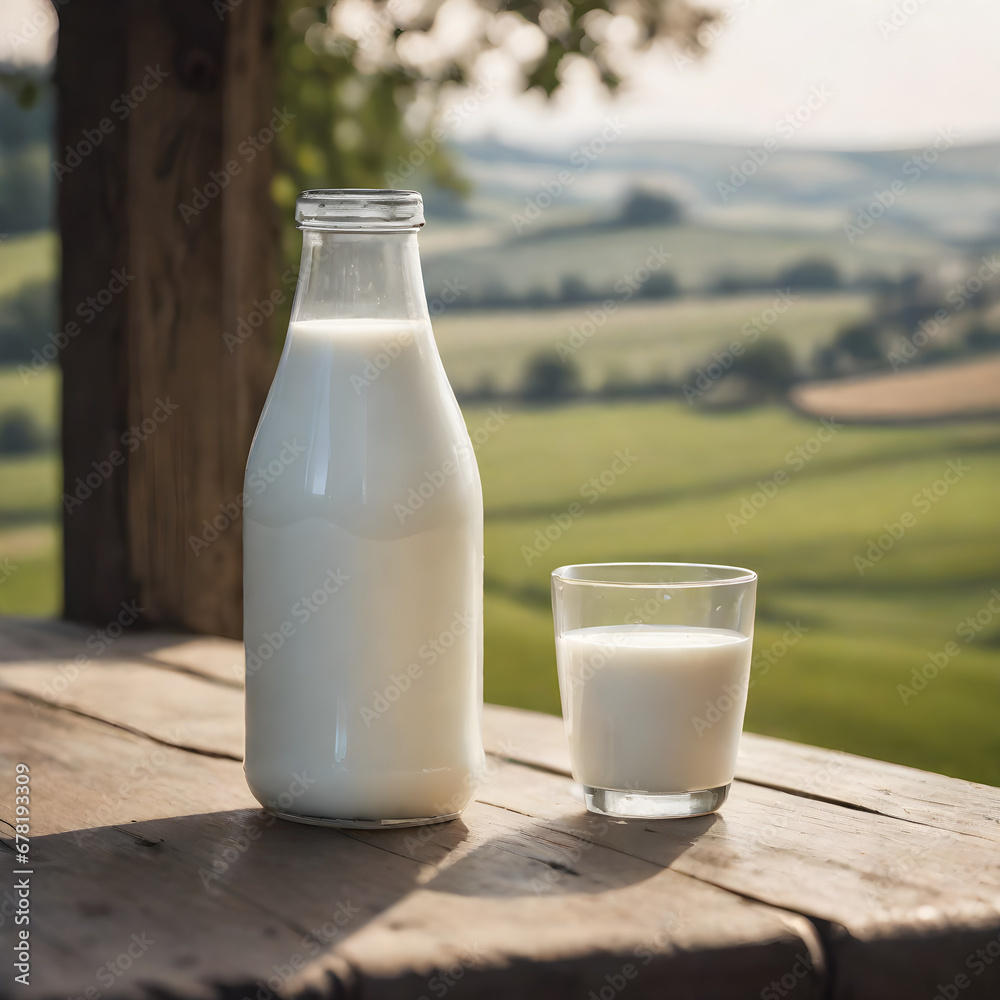 milk in a glass bottle in the countryside milk in a glass bottle in the countryside