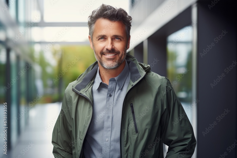 Fototapeta premium Portrait of a smiling man in his 40s wearing a lightweight packable anorak against a sophisticated corporate office background. AI Generation