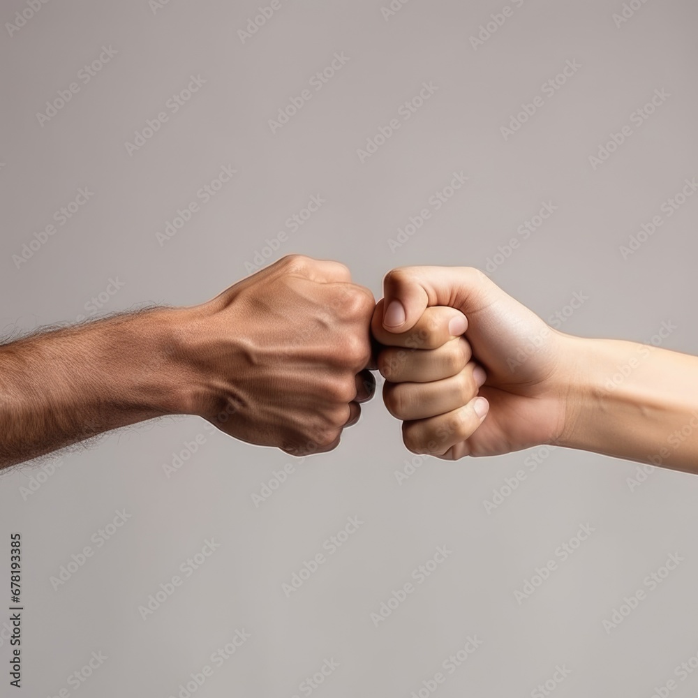Closeup of two arms different race skin colors multinational friends giving fist bump. AI Generated Closeup of two arms different race skin colors multinational friends giving fist bump. AI Generated