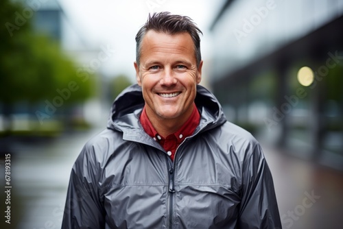 Portrait of a smiling man in his 40s wearing a lightweight packable anorak against a sophisticated corporate office background. AI Generation