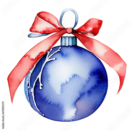 Świąteczna niebieska bombka z czerwoną kokardą dekoracja