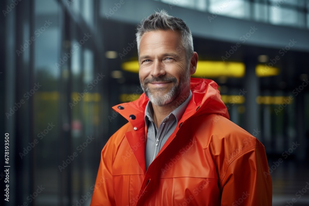 Portrait of a glad man in his 50s wearing a vibrant raincoat against a sophisticated corporate office background. AI Generation Portrait of a glad man in his 50s wearing a vibrant raincoat against a sophisticated corporate office background. AI Generation