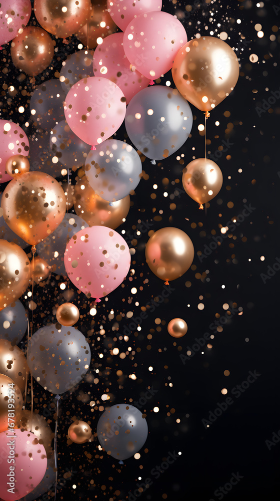 Pink, black and golden balloons with sparkles high detailed black background. Birthday celebrate wallpaper Pink, black and golden balloons with sparkles high detailed black background. Birthday celebrate wallpaper