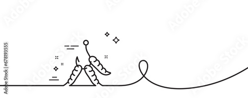 Maggots line icon. Continuous one line with curl. Fishing hook with worms sign. Fishhook bait symbol. Maggots single outline ribbon. Loop curve pattern. Vector