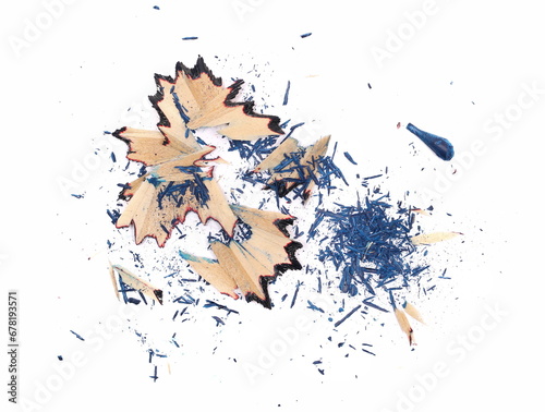 Blue pencil tip shavings from sharpener isolated on white background and texture, top view
