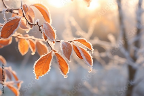 Beautiful colorful nature with bright orange leaves covered with frost in late autumn or early winter.