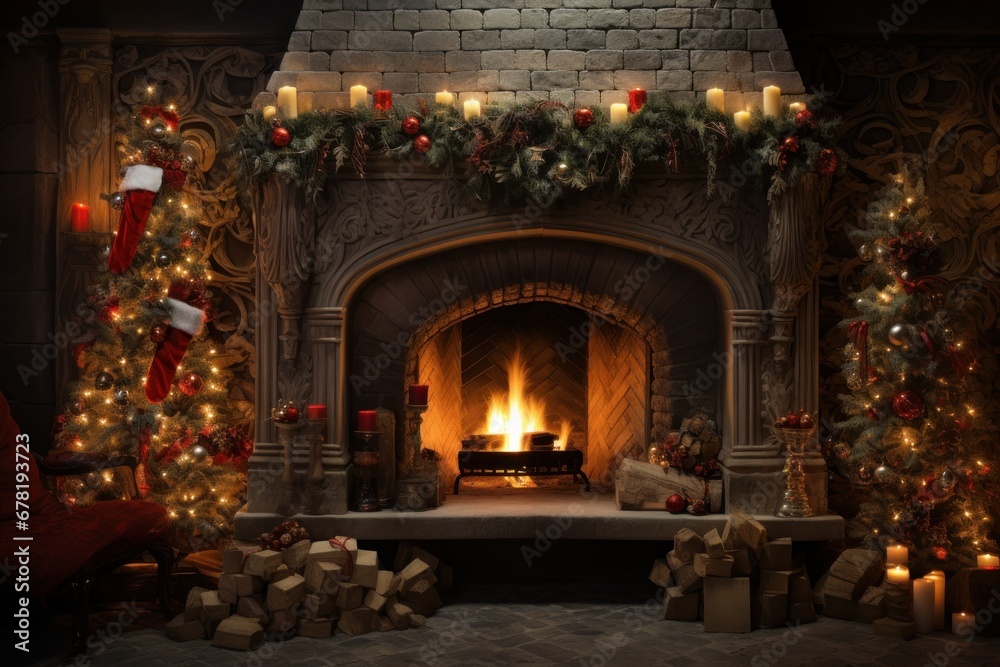 Cozy dark rustic living room with big floor to ceiling windows and a fireplace, decorated for Christmas. Cozy dark rustic living room with big floor to ceiling windows and a fireplace, decorated for Christmas.