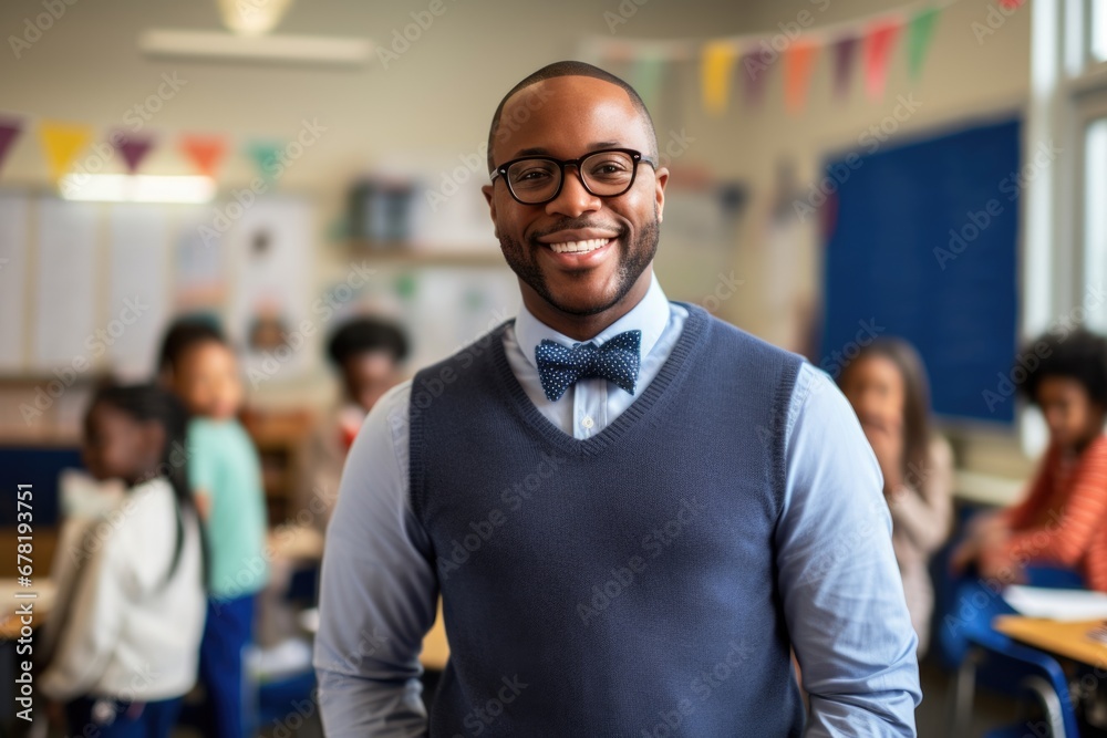 smiling African American man wearing glasses teaching in classroom. AI Generated smiling African American man wearing glasses teaching in classroom. AI Generated