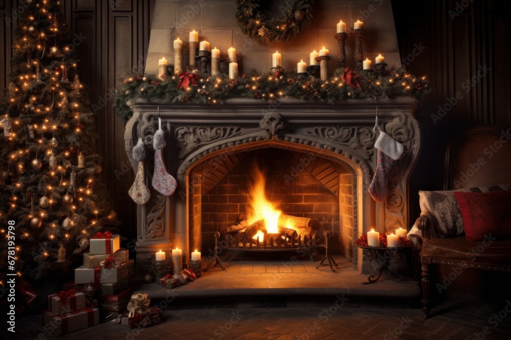 Cozy dark rustic living room with big floor to ceiling windows and a fireplace, decorated for Christmas. Cozy dark rustic living room with big floor to ceiling windows and a fireplace, decorated for Christmas.