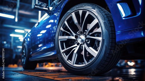 Close-up of car mechanic changing wheel alloy tire in garage. Repair or maintenance auto service.
