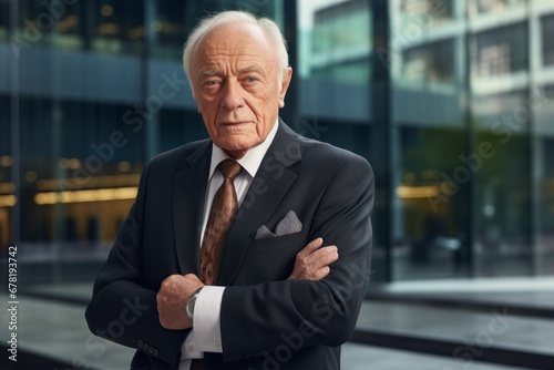 Portrait of a tender man in his 80s wearing a professional suit jacket against a sophisticated corporate office background. AI Generation