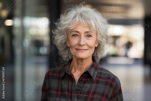 Portrait of a glad woman in her 70s wearing a comfy flannel shirt against a sophisticated corporate office background. AI Generation