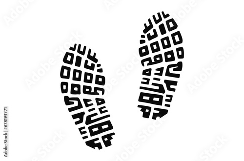 Human shoe footprints. Pair of prints of sneakers or boots. Left and right leg. Shoe sole. Walking foot steps. Black and white vector isolated on white. Icon, symbol, pictogram... Design element