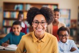 smiling African American woman teaching in classroom. AI Generated