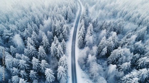 Aerial view of snow forest with a road. Winter concept
