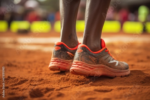 Close-up on running shoes of african man on race track in stadium