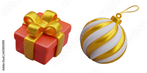 Collection with Christmas attributes. Gift box in red color with gold ribbon and toy. Element for decoration. Vector illustration in 3d realistic style