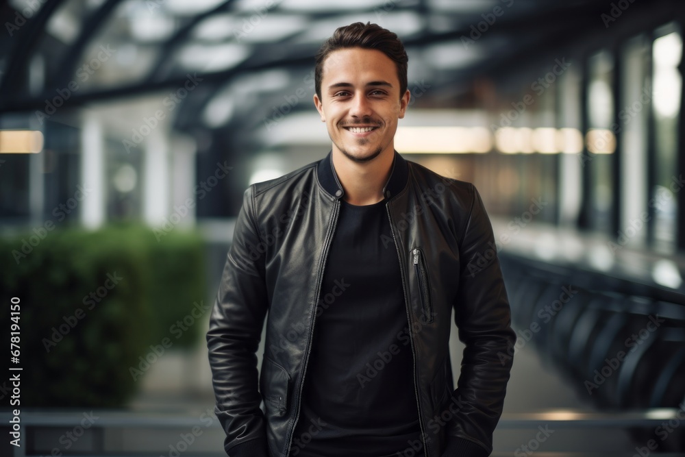 Portrait of a smiling man in his 20s wearing a trendy bomber jacket against a sophisticated corporate office background. AI Generation Portrait of a smiling man in his 20s wearing a trendy bomber jacket against a sophisticated corporate office background. AI Generation