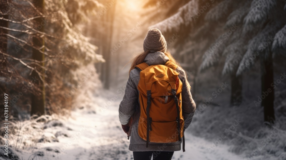 Woman traveler in winter warm jacket and rucksack walking in snowy winter pine forest. Winter travel concept.
