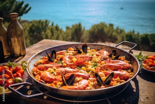 Traditional seafood paella in the pan on a table by the sea.